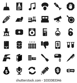 Flat vector icon set - water tap vector, scoop, pan, spatula, blender, mushroom, pencil, school building, pen, telescope, music, personal information, money bag, binder, fitness mat, first aid kit