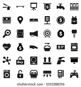 Flat vector icon set - water tap vector, washer, washing powder, cook glove, press, book, backpack, presentation, dollar coin, cash, money bag, binder, board, flag, shield, heart pulse, skateboard