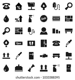 Flat vector icon set - water drop vector, welcome mat, sprayer, percent growth, consolidated cargo, top sign, sorting, classic phone, magnifier, dropper, broken bone, counter, network folder, bench
