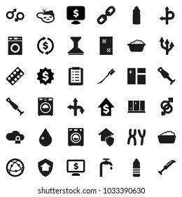 Flat vector icon set - water drop vector, car fetlock, window cleaning, washer, foam basin, shining, blender, exchange, dollar growth, medal, monitor, bottle, route, internet, gender sign, chain