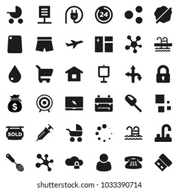 Flat vector icon set - water drop vector, window cleaning, splotch, tap, skimmer, cutting board, backpack, presentation, money bag, shorts, target, molecule, pool, route, plane, notebook pc, syringe
