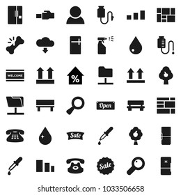 Flat vector icon set - water drop vector, welcome mat, sprayer, percent growth, consolidated cargo, top sign, sorting, classic phone, magnifier, dropper, broken bone, counter, network folder, bench