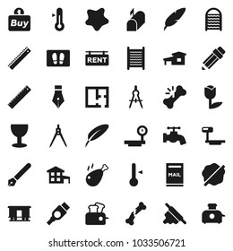 Flat vector icon set - water tap vector, splotch, welcome mat, washboard, rolling pin, thermometer, chicken leg, pen, pencil, ruler, drawing compass, glass, tulip, big scales, Railway carriage, hdmi