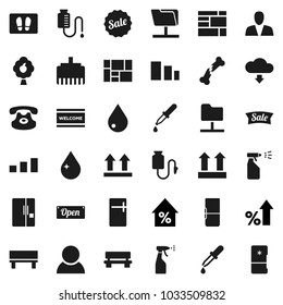 Flat vector icon set - water drop vector, welcome mat, sprayer, percent growth, consolidated cargo, top sign, sorting, classic phone, dropper, broken bone, counter, network folder, lan connector