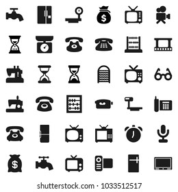 Flat vector icon set - water tap vector, washboard, glasses, alarm clock, abacus, money bag, sand, phone, big scales, film frame, tv, video camera, microphone, classic, fridge, kitchen