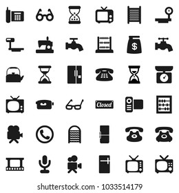 Flat vector icon set - water tap vector, washboard, kettle, glasses, abacus, sand clock, phone, big scales, film frame, tv, video camera, microphone, classic, fridge, money bag, closed, kitchen