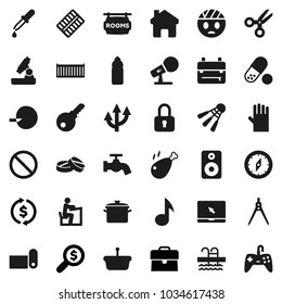 Flat Vector Icon Set - Water Tap Vector, Rubber Glove, Pan, Chicken Leg, Drawing Compass, Student, Backpack, Microscope, Scissors, Music, Exchange, Case, Money Search, Pills, Bottle, Fitness Mat