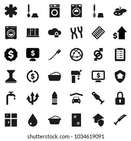 Flat vector icon set - water drop vector, car fetlock, window cleaning, toilet brush, washer, foam basin, shining, blender, exchange, dollar growth, medal, monitor, bottle, internet, ambulance star