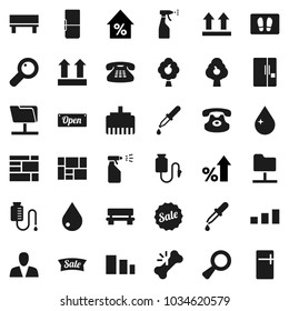 Flat vector icon set - water drop vector, welcome mat, sprayer, percent growth, consolidated cargo, top sign, sorting, classic phone, magnifier, dropper, broken bone, counter, network folder, bench