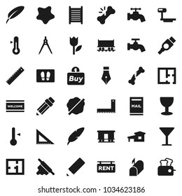 Flat vector icon set - water tap vector, splotch, welcome mat, washboard, rolling pin, thermometer, pen, pencil, corner ruler, drawing compass, Railway carriage, glass, tulip, big scales, hdmi, plan