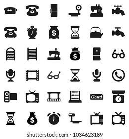 Flat vector icon set - water tap vector, washboard, kettle, glasses, alarm clock, abacus, money bag, sand, phone, big scales, film frame, video camera, microphone, classic, fridge, tv, closed