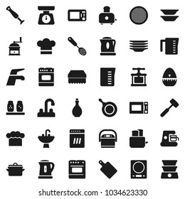 Flat vector icon set - water tap vector, sponge, plates, sink, pan, kettle, oil, measuring cup, scales, cook hat, timer, press, skimmer, meat hammer, cutting board, hand mill, toaster, spices, sieve