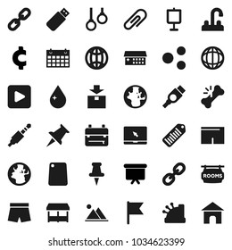 Flat vector icon set - water drop vector, tap, cutting board, backpack, presentation, world, flag, cent sign, shorts, calendar, gymnast rings, earth, package, barcode, notebook pc, link, thumbtack