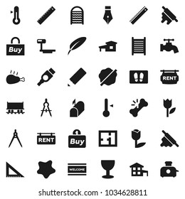 Flat vector icon set - water tap vector, splotch, welcome mat, washboard, rolling pin, thermometer, chicken leg, pen, pencil, corner ruler, drawing compass, Railway carriage, glass, tulip, hdmi, buy