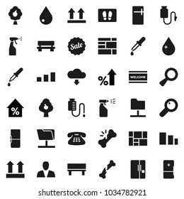 Flat vector icon set - water drop vector, welcome mat, sprayer, percent growth, consolidated cargo, top sign, sorting, classic phone, magnifier, dropper, broken bone, counter, network folder, bench