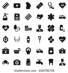 Flat vector icon set - water tap vector, liquid soap, heart pulse, pills vial, buttocks, monitor, first aid kit, doctor bag, ambulance star, crutches, patch, stethoscope, bottle, blister, anamnesis
