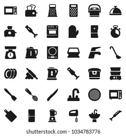 Flat vector icon set - water tap vector, sponge, plates, sink, kettle, scales, cook glove, timer, skimmer, spatula, ladle, knife, rolling pin, cutting board, grater, microwave oven, double boiler