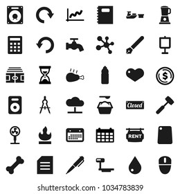 Flat vector icon set - water drop vector, tap, washing powder, meat hammer, cutting board, chicken leg, copybook, pen, drawing compass, presentation, document, dollar coin, graph, sand clock, bottle