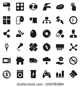 Flat vector icon set - water tap vector, drying clothes, washer, shining window, house hold, toilet paper, scales, microwave oven, egg, steak, compass, dollar coin, graph, cursor, pills, molecule