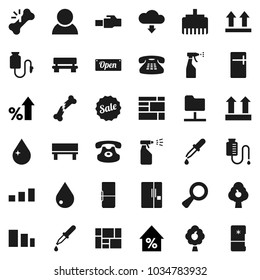 Flat vector icon set - water drop vector, sprayer, percent growth, consolidated cargo, top sign, sorting, classic phone, magnifier, dropper, broken bone, counter, network folder, lan connector, sale