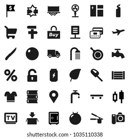 Flat vector icon set - water tap vector, window cleaning, agent, shower, pan, cook press, knife, book, leaf, japanese candle, dollar flag, safe, fitball, t shirt, skateboard, enegry drink, plane, tv