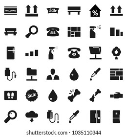 Flat vector icon set - water drop vector, welcome mat, sprayer, percent growth, consolidated cargo, top sign, sorting, classic phone, magnifier, dropper, broken bone, counter, network folder, bench