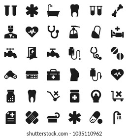 Flat vector icon set - water tap vector, liquid soap, heart pulse, buttocks, pills, no trolley, doctor bag, ambulance star, vial, broken bone, patch, stethoscope, bottle, anamnesis, hospital bed
