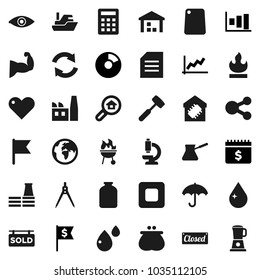 Flat vector icon set - water drop vector, meat hammer, cutting board, turk coffee, bbq, jar, drawing compass, document, flag, graph, pie, dollar, calendar, muscule hand, earth, ship, umbrella, heart