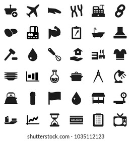 Flat vector icon set - water drop vector, welcome mat, bath, cleaning agent, plates, house hold, pan, kettle, cook glove, whisk, potato, drawing compass, table lamp, flag, flask, graph, credit card
