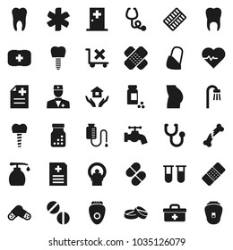 Flat vector icon set - water tap vector, liquid soap, house hold, heart pulse, pills vial, buttocks, first aid kit, no trolley, doctor bag, ambulance star, broken bone, patch, stethoscope, bottle