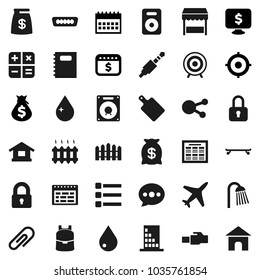 Flat vector icon set - water drop vector, shower, cutting board, copybook, backpack, schedule, money bag, target, dollar calendar, monitor, skateboard, plane, social media, speaker, hdmi, jack, menu