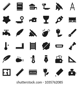 Flat vector icon set - water tap vector, splotch, welcome mat, washboard, rolling pin, thermometer, chicken leg, pen, pencil, corner ruler, drawing compass, Railway carriage, glass, tulip, hdmi