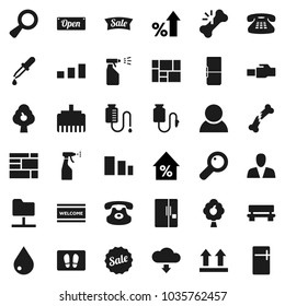 Flat vector icon set - water drop vector, welcome mat, sprayer, percent growth, consolidated cargo, top sign, sorting, classic phone, magnifier, dropper, broken bone, counter, network folder, bench