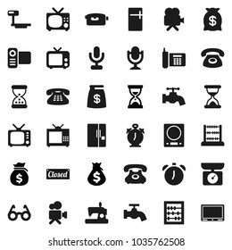 Flat vector icon set - water tap vector, glasses, alarm clock, abacus, money bag, sand, phone, big scales, tv, video camera, microphone, classic, fridge, closed, kitchen, sewing machine