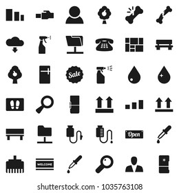 Flat vector icon set - water drop vector, welcome mat, sprayer, consolidated cargo, top sign, sorting, classic phone, magnifier, dropper, broken bone, counter, network folder, lan connector, bench