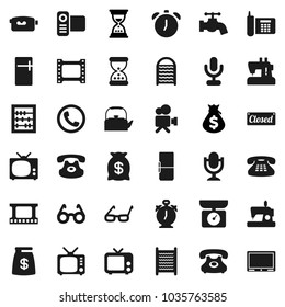 Flat vector icon set - water tap vector, washboard, kettle, glasses, alarm clock, abacus, money bag, sand, phone, film frame, tv, video camera, microphone, classic, fridge, closed, kitchen scales