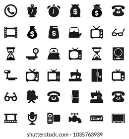 Flat vector icon set - water tap vector, kettle, glasses, alarm clock, money bag, sand, phone, big scales, film frame, tv, video camera, microphone, classic, fridge, closed, kitchen, sewing machine