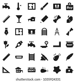 Flat vector icon set - water tap vector, splotch, welcome mat, washboard, rolling pin, thermometer, chicken leg, pen, pencil, corner ruler, drawing compass, glass, tulip, big scales, hdmi, cottage