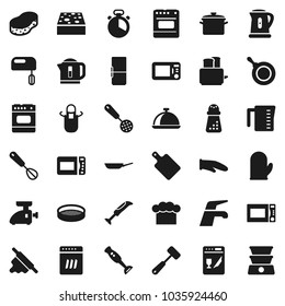 Flat vector icon set - water tap vector, sponge, pan, kettle, measuring cup, cook hat, apron, glove, timer, whisk, skimmer, rolling pin, meat hammer, cutting board, hand mill, toaster, blender, dish