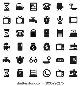Flat vector icon set - water tap vector, washboard, kettle, glasses, alarm clock, abacus, money bag, sand, phone, big scales, film frame, tv, video camera, microphone, classic, fridge, closed