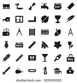 Flat vector icon set - water tap vector, splotch, welcome mat, washboard, rolling pin, thermometer, chicken leg, pen, pencil, corner ruler, drawing compass, Railway carriage, glass, tulip, hdmi, buy