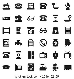 Flat vector icon set - water tap vector, washboard, kettle, glasses, alarm clock, abacus, sand, phone, big scales, film frame, tv, video camera, microphone, classic, fridge, money bag, closed