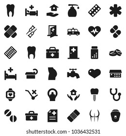 Flat vector icon set - water tap vector, liquid soap, house hold, pills vial, buttocks, heart monitor, no trolley, doctor bag, ambulance star, pulse, crutches, patch, stethoscope, blister, anamnesis