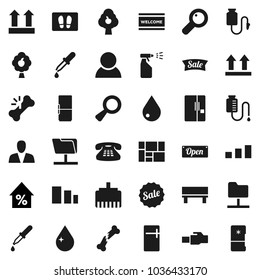 Flat vector icon set - water drop vector, welcome mat, sprayer, percent growth, consolidated cargo, top sign, sorting, classic phone, magnifier, dropper, broken bone, counter, network folder, bench