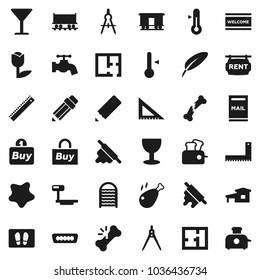 Flat vector icon set - water tap vector, splotch, welcome mat, washboard, rolling pin, thermometer, chicken leg, pen, pencil, corner ruler, drawing compass, Railway carriage, glass, tulip, hdmi, buy
