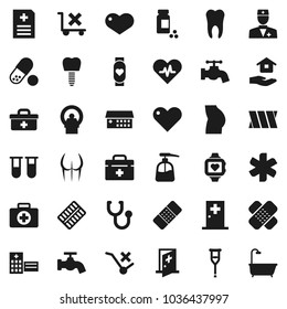 Flat vector icon set - water tap vector, liquid soap, house hold, pills vial, buttocks, heart monitor, first aid kit, no trolley, doctor bag, ambulance star, pulse, crutches, patch, stethoscope