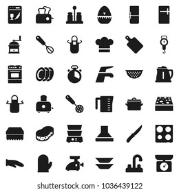 Flat vector icon set - water tap vector, sponge, pan, kettle, colander, measuring cup, scales, cook hat, apron, glove, timer, whisk, skimmer, knife, cutting board, hand mill, toaster, oven, spices