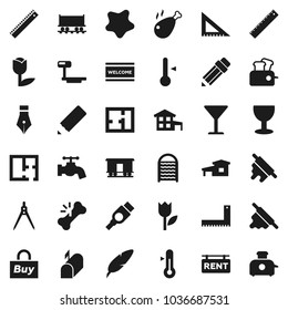 Flat vector icon set - water tap vector, splotch, welcome mat, washboard, rolling pin, thermometer, chicken leg, pen, pencil, corner ruler, drawing compass, Railway carriage, glass, tulip, hdmi, buy