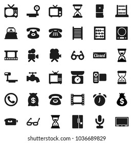 Flat vector icon set - water tap vector, washboard, kettle, glasses, alarm clock, abacus, money bag, sand, big scales, film frame, tv, video camera, microphone, classic phone, fridge, closed