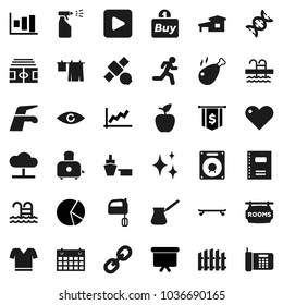 Flat vector icon set - water tap vector, shining, drying clothes, sprayer, turk coffee, mixer, toaster, chicken leg, copybook, apple fruit, graph, pie, presentation board, dollar flag, stadium, pool